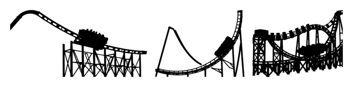 Roller coaster set with dramatic black silhouette on white background featuring amusement park, elevated track, thrilling motion with steel structure and bright illustration