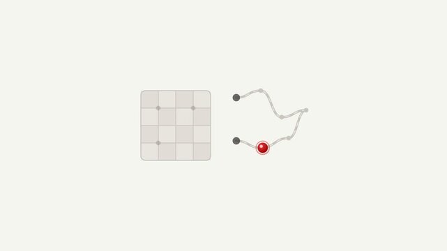 Closeup of a hand moving a red game piece on a grid-based board with gray game pieces in a strategic game setting