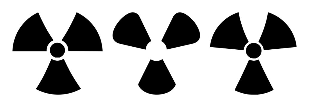 Black silhouette, white background: radioactive symbol set with simple line art design featuring sketches, drawings, vector graphics with minimalist and simple illustrations