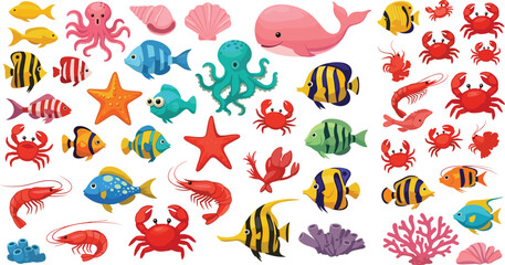 Cute ocean sea life cartoon set with fish crabs shrimp octopus starfish and coral vector illustration © MdNazmul