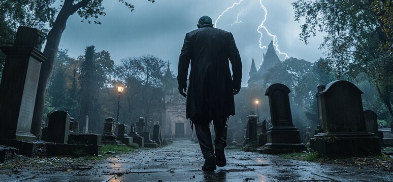 Man walking in graveyard during storm, castle in background, for suspense