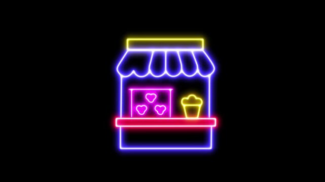 Neon sign of a food stall with popcorn and hearts concession stand snack stand kiosk glowing icon concession stand snack stand kiosk glowing icon