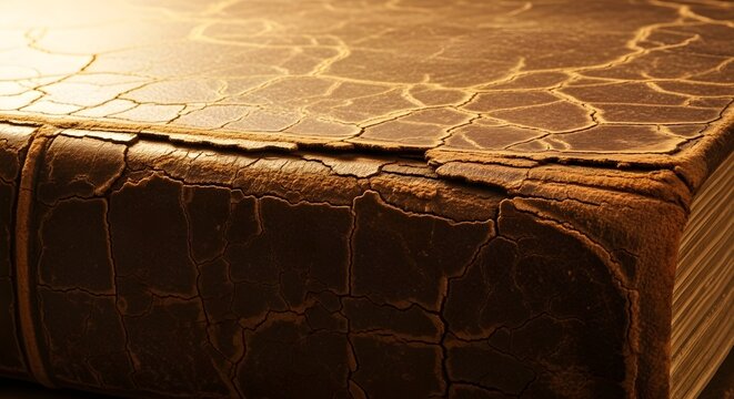 Close up shot of old aged leather book cover with cracked texture, ancient book binding, historical document, vintage object, weathered material, detailed surface.