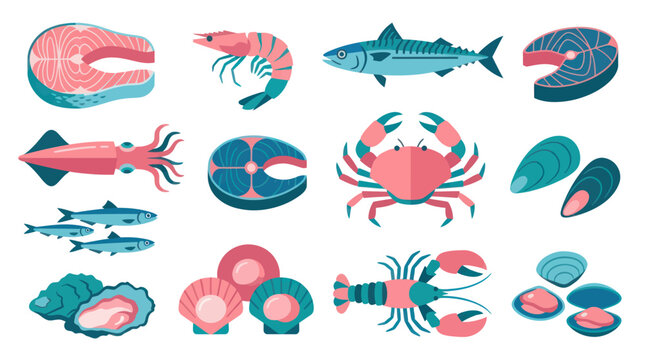 Flat Design Seafood Icons: Fish, Shrimp, Crab, Lobster, Oysters, Mussels