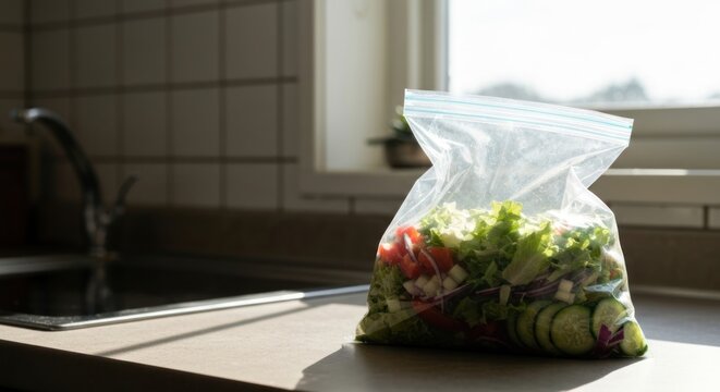 A clear plastic bag filled with fresh salad mix sits on a countertop