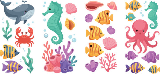 Cute underwater sea life cartoon set with seahorse octopus fish coral and marine animals vector illustration © MdNazmul
