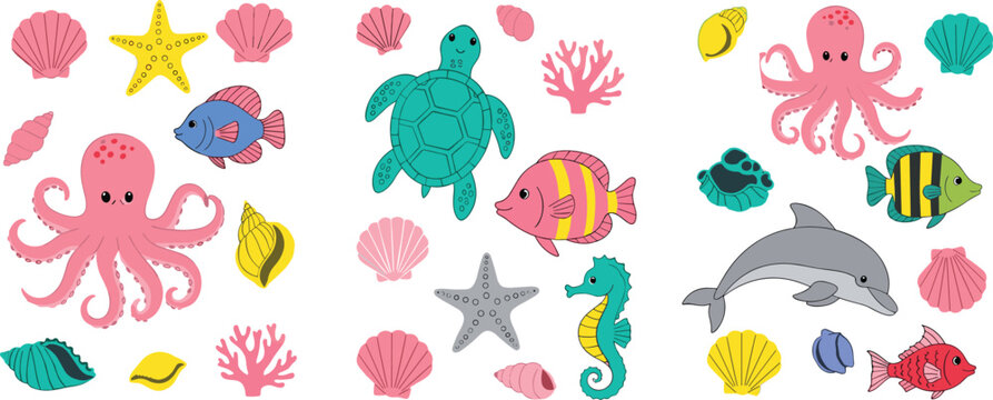 Cute underwater sea animals cartoon set with octopus turtle dolphin fish shells and coral vector illustration