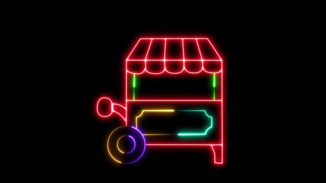 Neon light stall illustration with colorful glowing elements and a wheel on black background cart kiosk shop store sign cart kiosk shop store sign