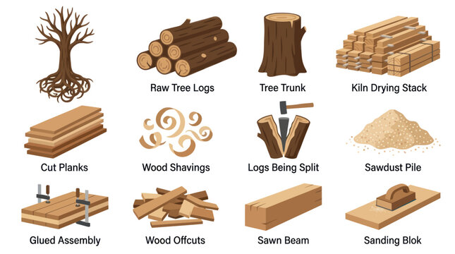 Woodworking process stages from tree to finished product, flat vector art
