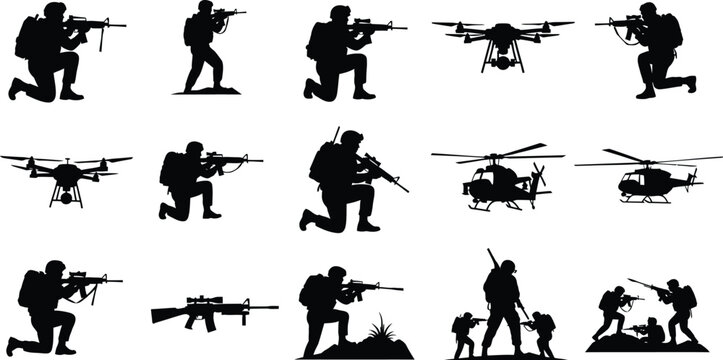Military silhouette collection soldiers helicopters and drones isolated on transparent background