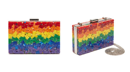 Naklejka premium Sustainable rainbow clutch bag made from recycled plastic, colorful mosaic purse for eco-friendly fashion and pride events, studio shot on white background for retail use.