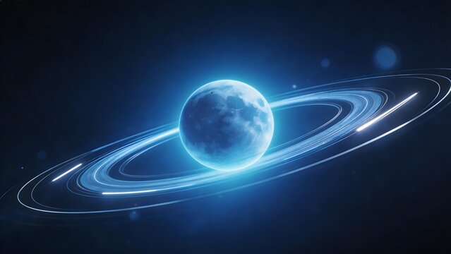 Blue planet with glowing rings in space