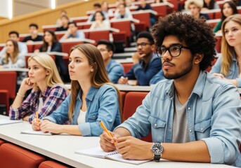 Fototapeta premium Diverse group of university students listens attentively to a lecture in a tiered classroom.