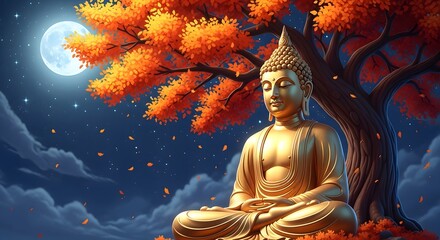 Obraz premium Vesak Day Celebration with Golden Buddha Under Autumn Tree at Night with Glowing Stars and Peaceful Spiritual Atmosphere
