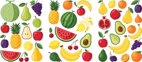 Obraz premium Fresh fruits cartoon set with colorful tropical and healthy food collection vector illustration