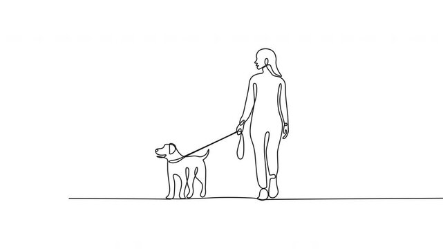 Continuous One-Line Drawing Animation - Woman Walking Dog Vector Design