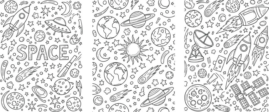 Hand drawn space doodles set with planets, rockets, stars, satellites and astronauts, black and white cosmic sketch collection vector illustration for coloring