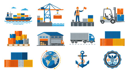 Fototapeta premium Flat Design Logistics Shipping Icons Set - Cargo, Delivery Transportation Vector Symbols