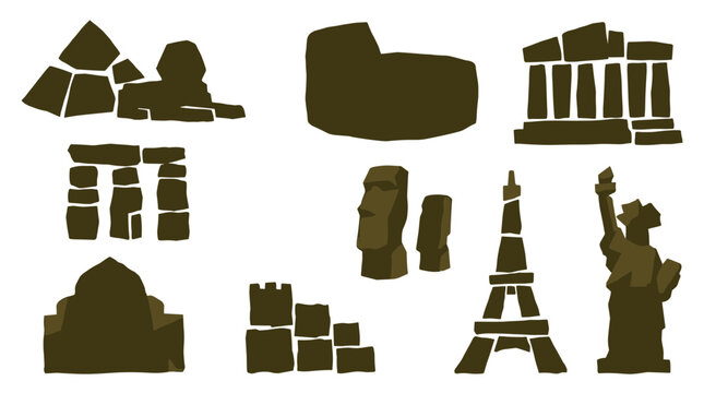 Collection of famous world landmarks and ancient monuments in a stylized silhouette design representing travel and history
