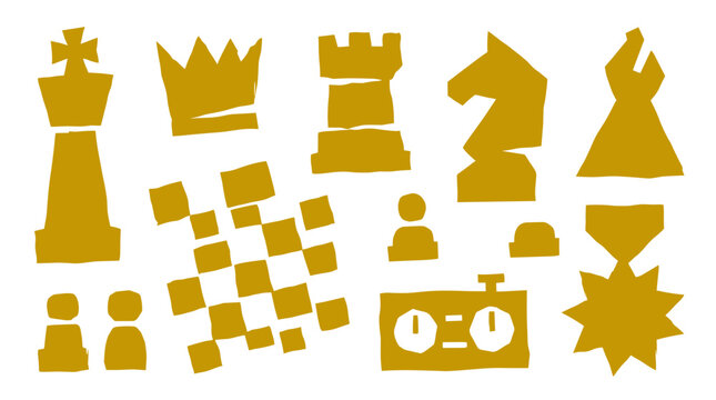 Golden chess pieces and board elements arranged in a playful and artistic composition symbolizing strategy and game play