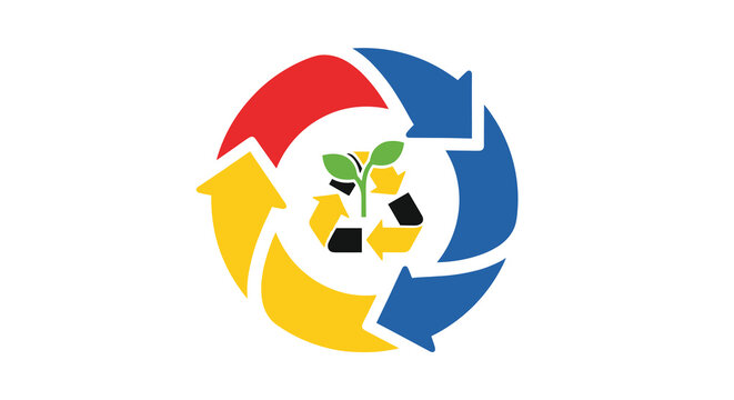 A bold geometric circular economy icon displays three large colored arrows forming a cycle around a green sprout emerging from a recycling symbol.