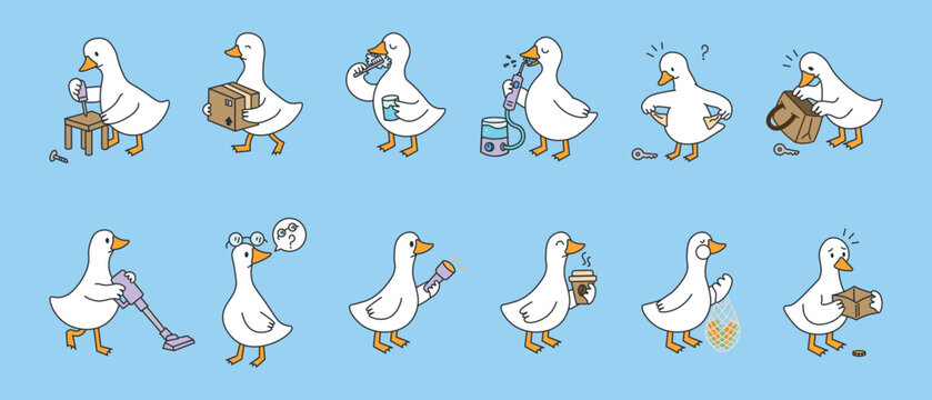 Cute goose cartoon character set with daily activities vector illustration