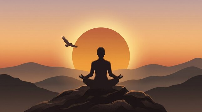 International yoga day sunrise meditation silhouette on mountain peak showing peace balance mindfulness wellness healthy lifestyle nature spiritual harmony concept ...