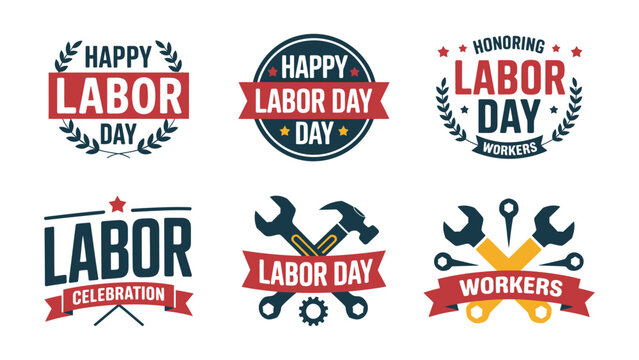 Happy Labor Day Badge Collection with Crossed Wrenches Hammer and Laurel Wreaths for International Workers Day Celebration