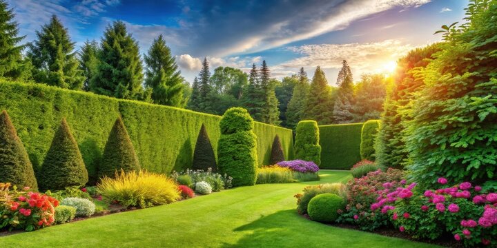 Serene Sunset Garden with Lush Green Hedges and Vibrant Flowerbeds