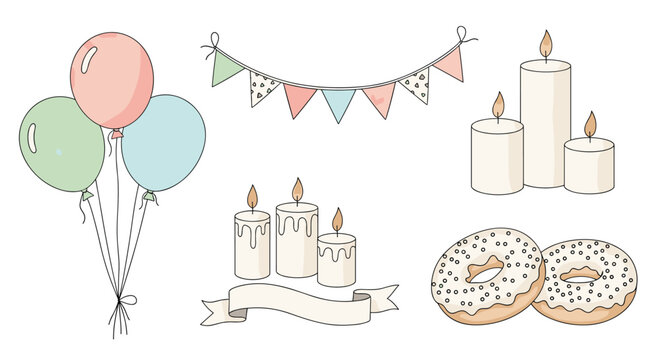 Gentle party decoration set with pastel balloons, bunting, candles, and donuts provides a soft aesthetic for celebration themed designs.