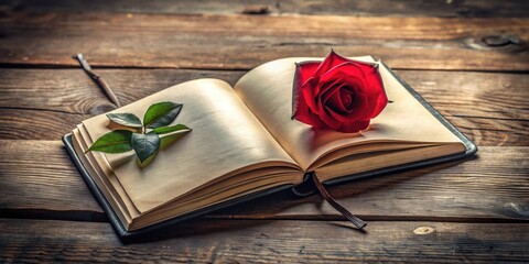 Fototapeta premium A crimson rose and verdant leaves rest gently upon the open pages of an antique book, situated on a rustic wooden surface.