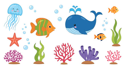 Obraz premium Adorable sea life collection including a whale, jellyfish, starfish, and colorful fish swimming among coral and seaweed.