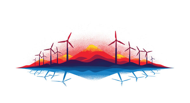 A grainy Risograph-style illustration depicts a gradient mountain range with wind turbines reflected in a blue body of water.