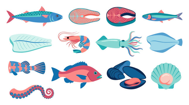 Flat Design Seafood Icons: Fish, Shrimp, Squid, Mussels, Scallops, Octopus