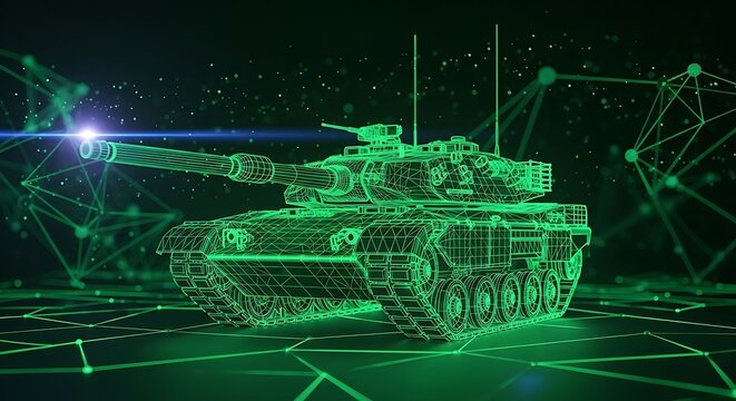 Futuristic digital tank rendered in green neon lights, representing cyber warfare and advanced military technology
