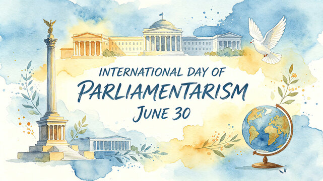 Watercolor Parliament Architecture and Peace Dove, representing International Parliamentary Day to convey the concepts of rule of law and peace, adapted to political propaganda materials
