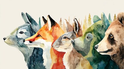 Fototapeta premium A beautiful watercolor painting depicts five forest animals (deer, fox, hare, raccoon, bear).