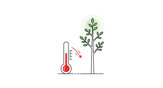 A minimalist line art illustration features a red thermometer with a downward arrow indicating falling temperature beside a green-leafed sapling with a glowing aura.