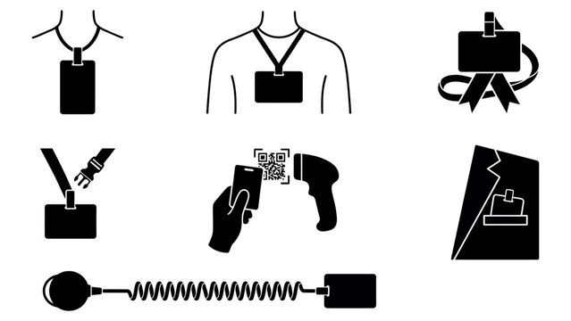 Set of ID badge, lanyard, scanner, and retractable reel silhouettes