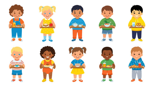 Diverse kids holding lunch trays, healthy food, flat vector illustration