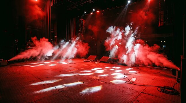Dynamic stage performance with red strobe lights and smoke effects at nightclub concert