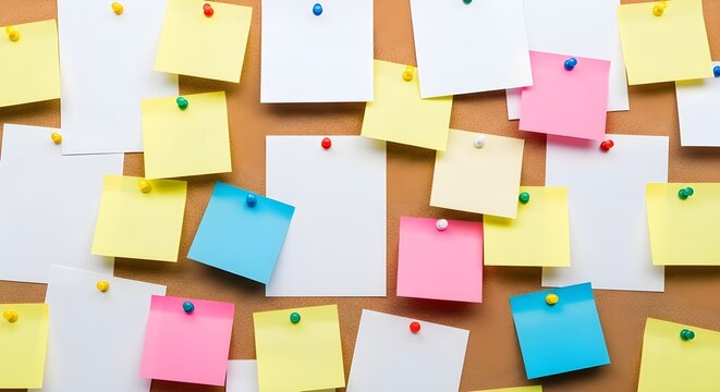 Variety of blank sticky notes pinned on cork board background for business planning organization messaging reminders and office work management tasks using colorful paper squares and thumbtacks.