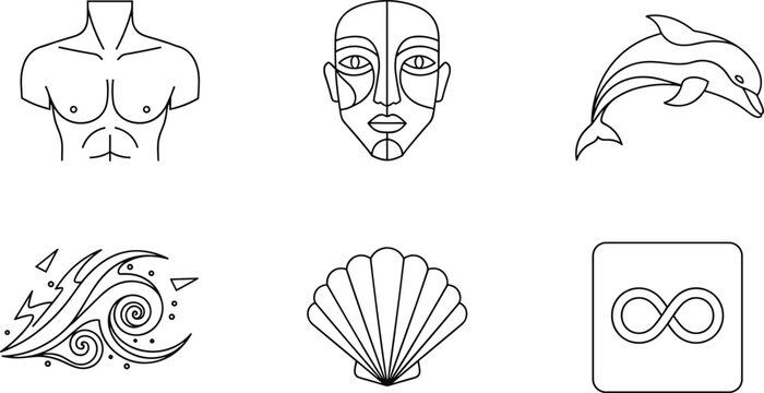 A diverse collection of minimalist black and white line icons featuring a male torso, abstract geometric face, jumping dolphin, ocean waves, seashell, and infinity symbol.