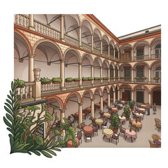 Obraz premium Renaissance Italian Courtyard in Lviv with elegant arcades and outdoor cafe seating in a historic square