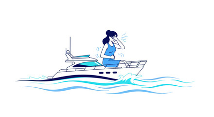 Naklejka premium Woman feeling seasick on a yacht, motion sickness on boat trip, illustration