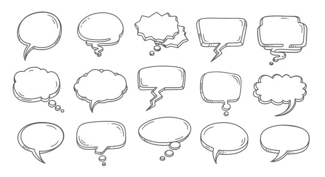 Collection of hand drawn speech bubbles and thought balloons in black and white style
