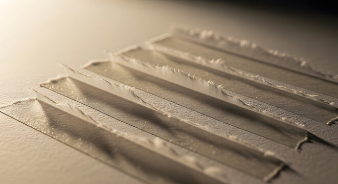 A high-angle, close-up shot of multiple parallel strips of white paper with torn, frayed edges, casting subtle shadows on a light, textured surface, creating an interesting pattern and depth.