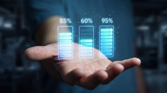 A close-up of a human hand displaying digital battery charge icons representing different energy levels in a tech context