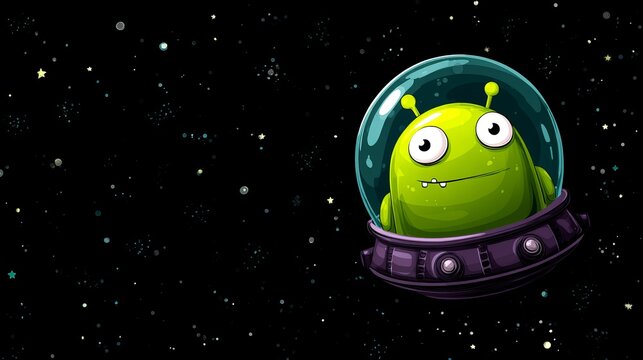 A cute cartoon alien with big eyes pilots a flying saucer through the dark, star-filled space.