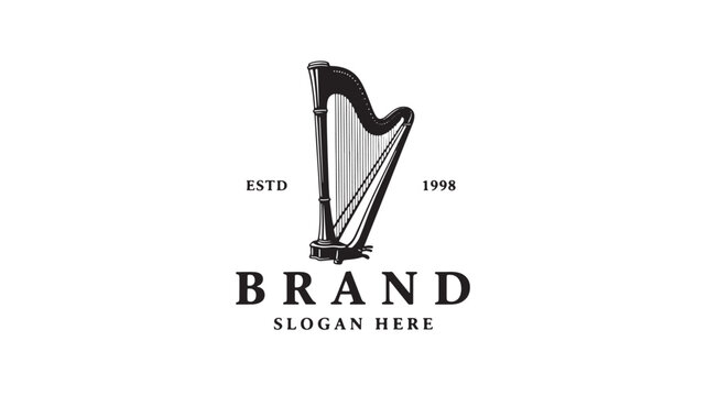 Harp logo icon with ribbon banner, established date and brand typography design template featuring emblem, slogan, estd with 1998 and vintage